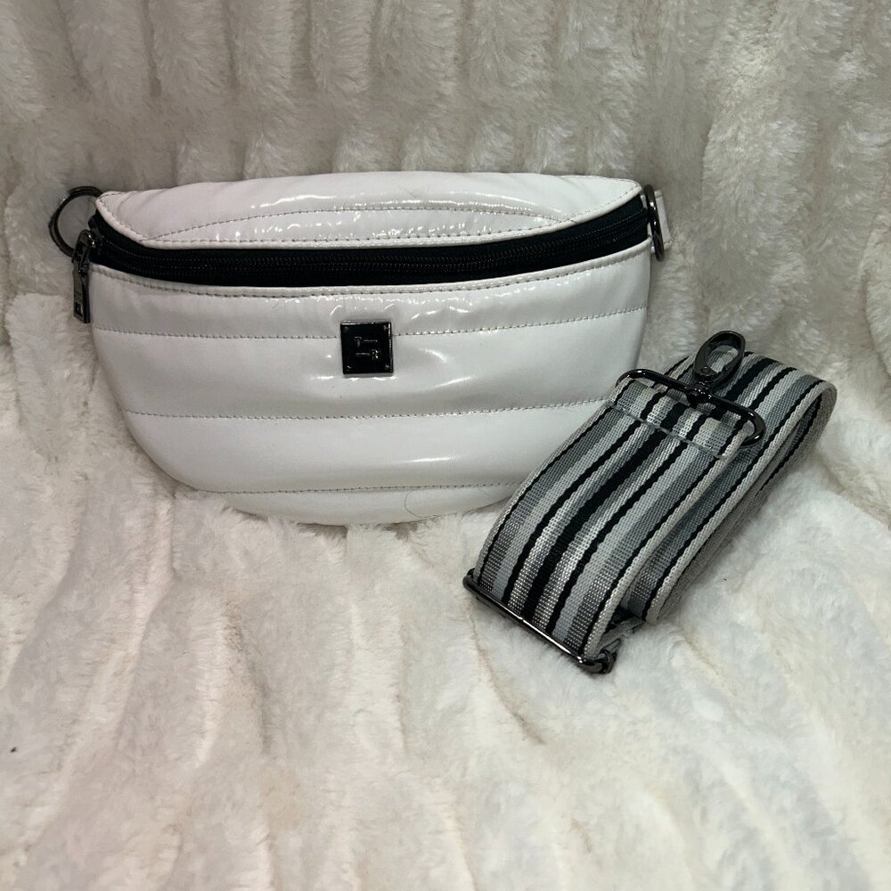 Think Royln Quilted Puffer Crossbody w/ 2" Wide Webbed Strap in White